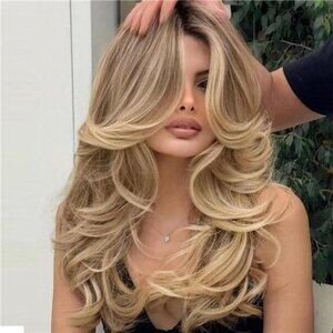 Long Golden Blonde Wavy Layered Wig with Curtain Bangs